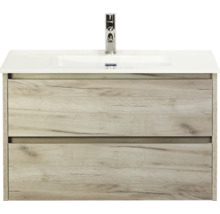 Waschtischunterschrank mit zwei Schubladen, Holzoptik und Aufsatzwaschbecken