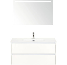 Waschtisch mit zwei Schubladen und Spiegel mit Beleuchtung im Badezimmer