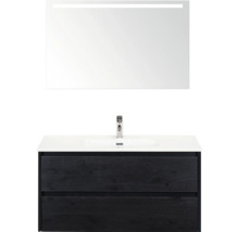 Waschtisch mit Waschbecken, Armatur und Spiegel mit Beleuchtung