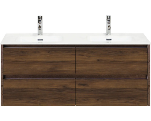 Waschtischunterschrank mit zwei Waschbecken und vier Schubladen im Holzdekor