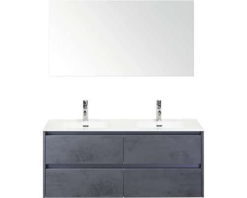 Waschtisch mit zwei Becken, Armaturen und Spiegel