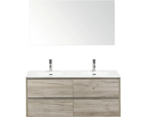 Waschtisch mit zwei Waschbecken, Spiegel und Holzunterschrank für das Badezimmer