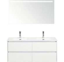 Waschtisch mit Unterschrank, Doppelwaschbecken, Armaturen und Spiegel mit Beleuchtung