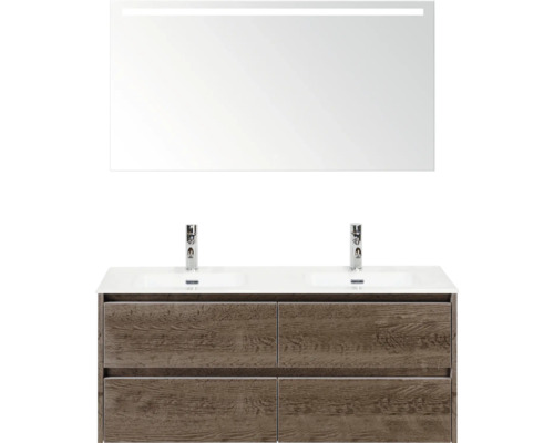 Badezimmermöbel-Set mit Waschtisch, zwei Waschbecken und beleuchtetem Spiegel