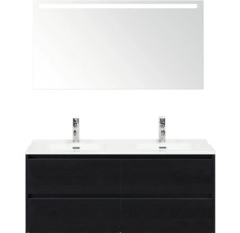 Badezimmerensemble mit Doppelwaschtisch, Unterschrank mit Schubladen und Spiegel mit Beleuchtung