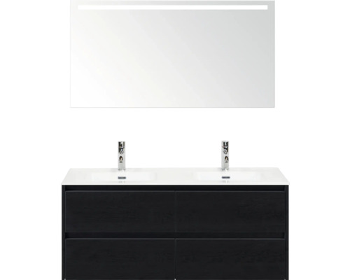 Badezimmerensemble mit Doppelwaschtisch, Unterschrank mit Schubladen und Spiegel mit Beleuchtung