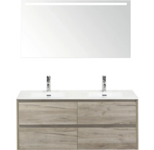 Waschtisch mit Unterschrank, Doppelwaschbecken, zwei Armaturen und beleuchtetem Spiegel