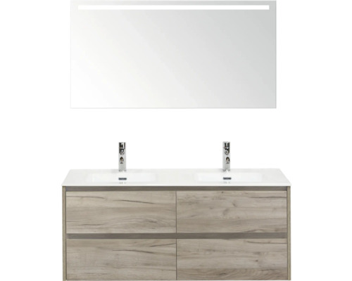 Waschtisch mit Unterschrank, Doppelwaschbecken, zwei Armaturen und beleuchtetem Spiegel