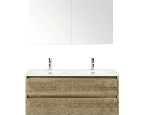 Waschtisch mit zwei Waschbecken, Holzunterschrank und Spiegelschrank