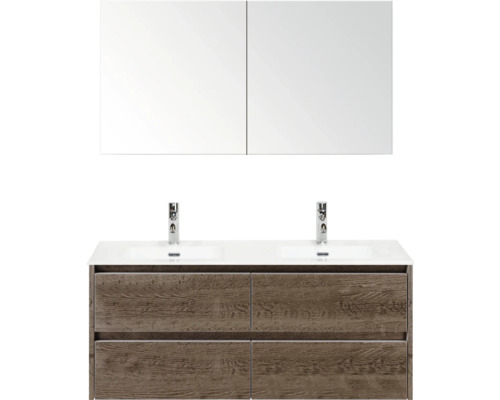 Waschtisch mit zwei Waschbecken, Unterschrank und Spiegelschrank