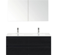 Waschtisch mit zwei Waschbecken, Unterschrank mit vier Schubladen und Spiegelschrank