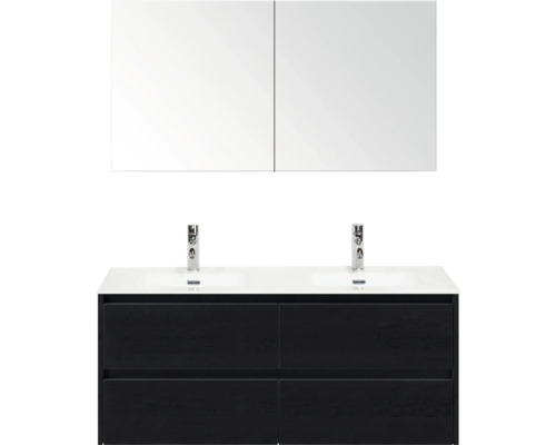 Waschtisch mit zwei Waschbecken, Unterschrank mit vier Schubladen und Spiegelschrank