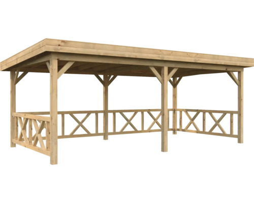 Holzpavillon mit Dach und Lattenzaun