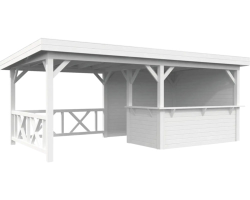 Weißer Holzpavillon mit Überdachung und Theke für den Garten