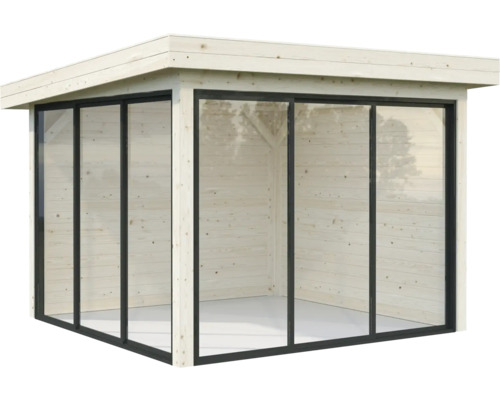 Modernes Gartenhaus mit Glasfront und Holzrahmen