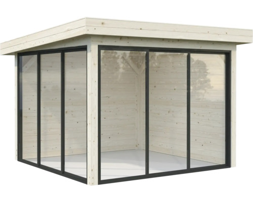 Holzgartenhaus mit Glasschiebetüren