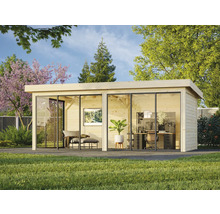 Holzgartenhaus mit Glasfront, eingerichtet als Büro und Wohnraum