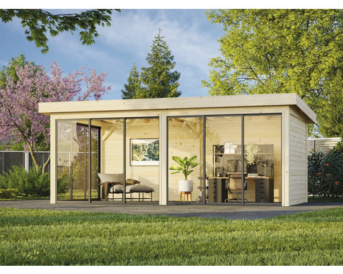Holzgartenhaus mit Glasfront, eingerichtet als Büro und Wohnraum