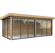 Holzgartenhaus mit Glasschiebetüren
