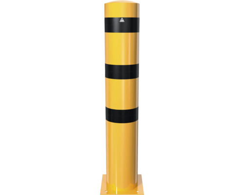 Stahlrohrpoller Ø 273 x 5 mm zum Aufdübeln gelb / schwarz mit Dreikantverschluss Gelber Sicherheitspoller mit schwarzen Streifen