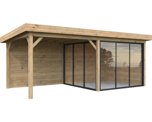 Gartenhaus mit Holzverkleidung und Glasfront