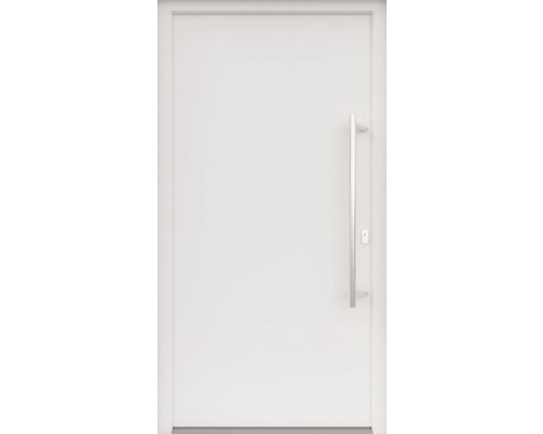 ARON HaustürBasic 3101 Aluminium-Kunststoff-Verbund RAL 9016 verkehrsweiß 1100x2100 mm einseitig flügelüberdeckend DIN Rechts inkl.Stoßgriffset,Innendrücker in Edelstahl,Profilzylinder mit 3 Schlüsseln Weiße Wohnungseingangstür mit Edelstahlgriff