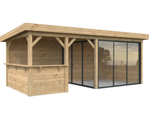 Holzgartenhaus mit Bar und Glasschiebewänden