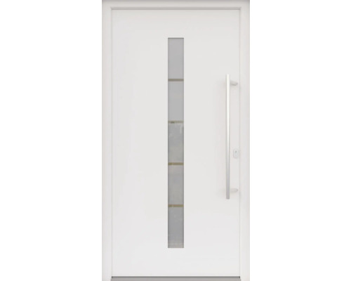 ARON HaustürBasic 3111 Aluminium-Kunststoff-Verbund RAL 9016 verkehrsweiß 1000x2000 mm einseitig flügelüberdeckend DIN Rechts inkl.Stoßgriffset,Innendrücker in Edelstahl,Profilzylinder mit 3 Schlüsseln Weiße Haustür mit Glasausschnitt und Griff
