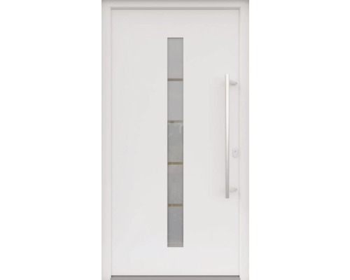 ARON HaustürBasic 3111 Aluminium-Kunststoff-Verbund RAL 9016 verkehrsweiß 1000x2100 mm einseitig flügelüberdeckend DIN Rechts inkl.Stoßgriffset,Innendrücker in Edelstahl,Profilzylinder mit 3 Schlüsseln Weiße Haustür mit Glaseinsatz und Metallgriff