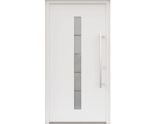 ARON HaustürBasic 3111 Aluminium-Kunststoff-Verbund RAL 9016 verkehrsweiß 1100x2100 mm einseitig flügelüberdeckend DIN Rechts inkl.Stoßgriffset,Innendrücker in Edelstahl,Profilzylinder mit 3 Schlüsseln Weiße Haustür mit Glaseinsatz und Edelstahlgriff