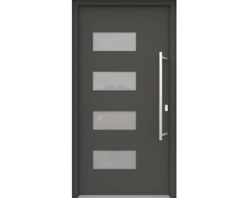 ARON HaustürBasic 3121 Aluminium-Kunststoff-Verbund RAL 7016 anthrazitgrau 1000x2000 mm einseitig flügelüberdeckend DIN Rechts inkl.Stoßgriffset,Innendrücker in Edelstahl,Profilzylinder mit 3 Schlüsseln Haustür mit vier rechteckigen Glaseinsätzen und Stangengriff