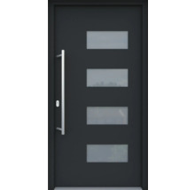 Moderne Haustür mit vier rechteckigen Glaseinsätzen und Edelstahlgriff.