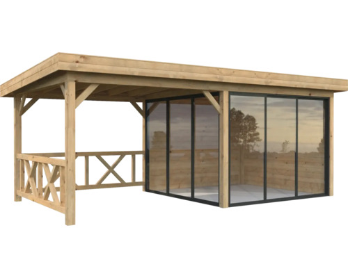 Holzpavillon mit Schiebetüren und Geländer