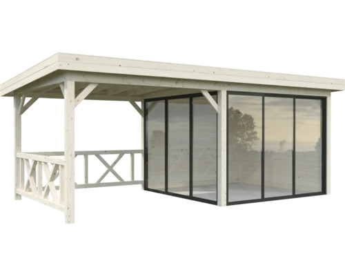 Holzpavillon mit Glasschiebewänden für den Garten