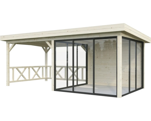 Holzgartenhaus mit Schiebetüren und überdachter Terrasse