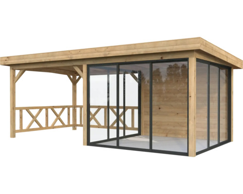 Holz Pavillon mit Glasschiebetüren und seitlichem Geländer