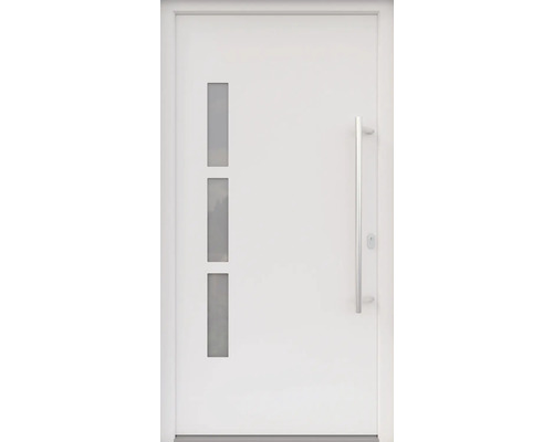 ARON HaustürBasic 3131 Aluminium-Kunststoff-Verbund RAL 9016 verkehrsweiß 1000x2000 mm einseitig flügelüberdeckend DIN Rechts inkl.Stoßgriffset,Innendrücker in Edelstahl,Profilzylinder mit 3 Schlüsseln Weiße Haustür mit drei rechteckigen Glaseinsätzen und einem Griff aus Metall