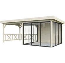 Holzpavillon mit Glasschiebetüren und Geländer