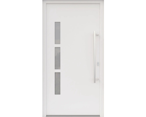 ARON HaustürBasic 3131 Aluminium-Kunststoff-Verbund RAL 9016 verkehrsweiß 1100x2100 mm einseitig flügelüberdeckend DIN Rechts inkl.Stoßgriffset,Innendrücker in Edelstahl,Profilzylinder mit 3 Schlüsseln Weiße Haustür mit drei vertikalen Glaseinsätzen und einem Metallgriff