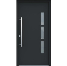 Moderne Haustür mit Edelstahlgriff und drei Glaseinsätzen