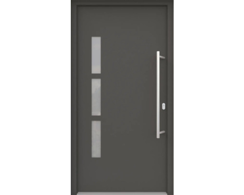 ARON HaustürBasic 3131 Aluminium-Kunststoff-Verbund RAL 7016 anthrazitgrau 1000x2100 mm einseitig flügelüberdeckend DIN Rechts inkl.Stoßgriffset,Innendrücker in Edelstahl,Profilzylinder mit 3 Schlüsseln Graue Haustür mit drei rechteckigen Glaseinsätzen und einem Griff aus Metall.