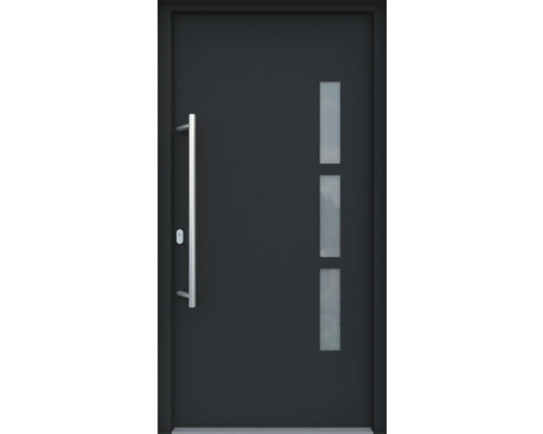 ARON HaustürBasic 3131 Aluminium-Kunststoff-Verbund RAL 7016 anthrazitgrau 1100x2100 mm einseitig flügelüberdeckend DIN Links inkl.Stoßgriffset,Innendrücker in Edelstahl,Profilzylinder mit 3 Schlüsseln Moderne Haustür mit Griff und drei Glasfenstern