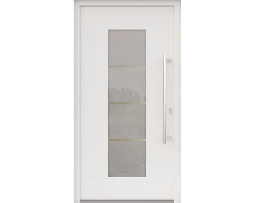 ARON HaustürARON 3141 Aluminium-Kunststoff-Verbund RAL 9016 verkehrsweiß 1000x2000 mm einseitig flügelüberdeckend DIN Rechts inkl.Stoßgriffset,Innendrücker in Edelstahl,Profilzylinder mit 3 Schlüsseln Weiße Haustür mit Glaseinsatz und Griff