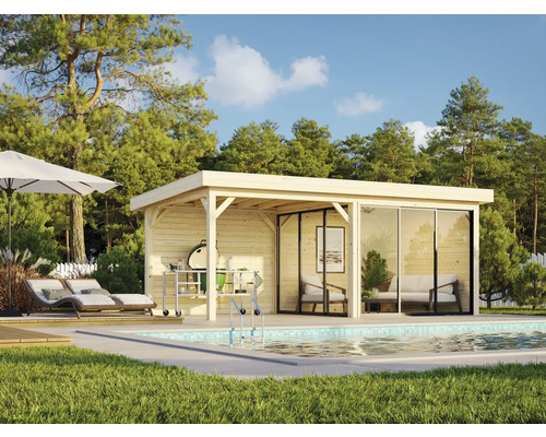 Holzpoolhaus mit Grillplatz und Liegestühlen neben einem Pool im Garten.