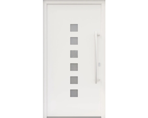 ARON HaustürARON 3151 Aluminium-Kunststoff-Verbund RAL 9016 verkehrsweiß 1000x2100 mm einseitig flügelüberdeckend DIN Rechts inkl.Stoßgriffset,Innendrücker in Edelstahl,Profilzylinder mit 3 Schlüsseln Weiße Haustür mit sechs quadratischen Glaseinsätzen und Stangengriff
