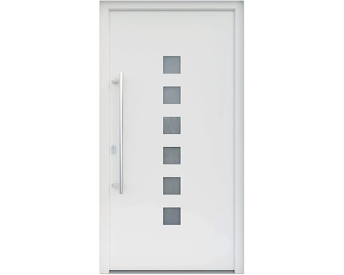 ARON HaustürARON 3151 Aluminium-Kunststoff-Verbund RAL 9016 verkehrsweiß 1100x2100 mm einseitig flügelüberdeckend DIN Links inkl.Stoßgriffset,Innendrücker in Edelstahl,Profilzylinder mit 3 Schlüsseln Weiße Haustür mit Edelstahlgriff und quadratischen Glaseinsätzen