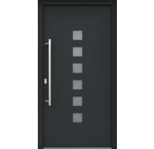 Moderne Haustür mit Edelstahlgriff und quadratischen Glaseinsätzen
