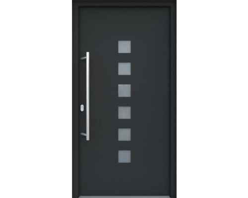 ARON HaustürARON 3151 Aluminium-Kunststoff-Verbund RAL 7016 anthrazitgrau 1100x2100 mm einseitig flügelüberdeckend DIN Links inkl.Stoßgriffset,Innendrücker in Edelstahl,Profilzylinder mit 3 Schlüsseln Eingangstür mit geradem Griff und quadratischen Glaseinsätzen
