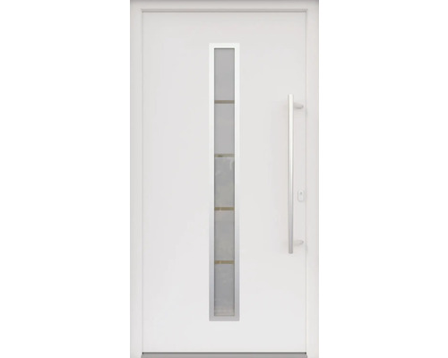 ARON HaustürARON 3161 Aluminium-Kunststoff-Verbund RAL 9016 verkehrsweiß 1000x2000 mm einseitig flügelüberdeckend DIN Rechts inkl.Stoßgriffset,Innendrücker in Edelstahl,Profilzylinder mit 3 Schlüsseln Weiße Haustür mit Glaseinsatz und Edelstahlgriff