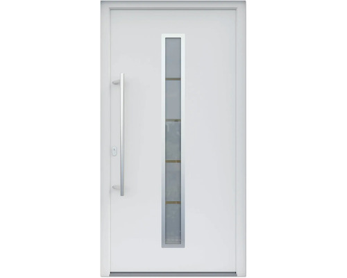 ARON HaustürARON 3161 Aluminium-Kunststoff-Verbund RAL 9016 verkehrsweiß 1100x2100 mm einseitig flügelüberdeckend DIN Links inkl.Stoßgriffset,Innendrücker in Edelstahl,Profilzylinder mit 3 Schlüsseln Haustür mit Glaseinsatz und Griff